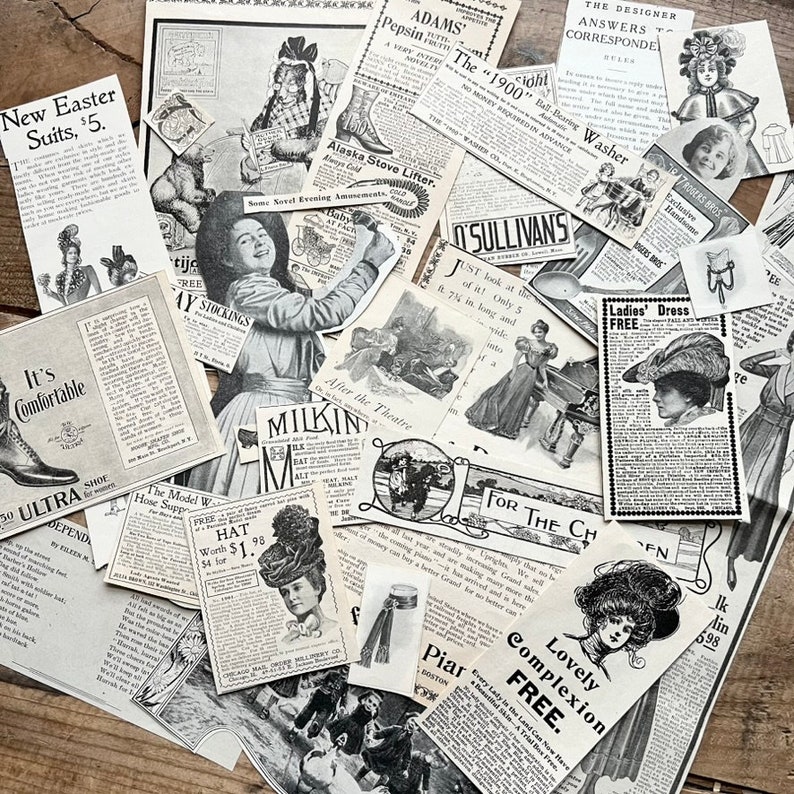 K&ouml;nnte beinhalten: Eine Sammlung von Vintage-Zeitungsartikeln und Anzeigen. Die Ausschnitte zeigen verschiedene Produkte und Dienstleistungen, darunter Kleidung, Schuhe, &Ouml;fen und eine Kugellager-Waschmaschine. Der Text enth&auml;lt S&auml;tze wie "New Easter Suits, $5", "The "1900" Ball-Bearing Washer" und "Ladies' Dress FREE".
