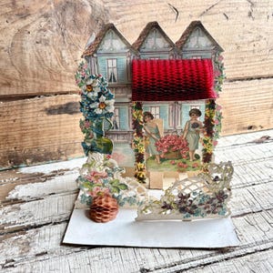 Victorian Valentine, Porch Romance  (c. 1900s) | German Die-Cut, Two Honeycombs | Antique Holiday Ephemera, Vintage | Pop-Up, Mechanical