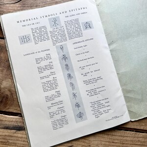 Puede incluir: P&aacute;gina abierta de un libro antiguo sobre una superficie de madera. El texto incluye t&iacute;tulos como &laquo;S&iacute;mbolos conmemorativos y epitafios&raquo; y &laquo;Lenguaje de las flores&raquo;, con dibujos florales y s&iacute;mbolos religiosos.