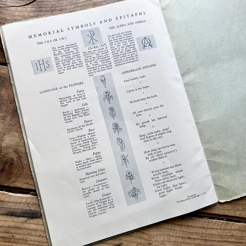 Puede incluir: P&aacute;gina abierta de un libro antiguo sobre una superficie de madera. El texto incluye t&iacute;tulos como &laquo;S&iacute;mbolos conmemorativos y epitafios&raquo; y &laquo;Lenguaje de las flores&raquo;, con dibujos florales y s&iacute;mbolos religiosos.
