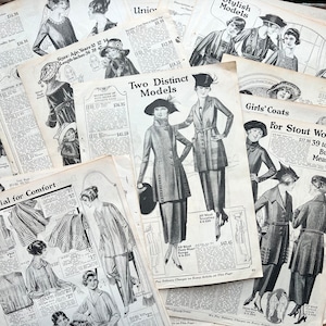 May include: A collection of vintage fashion catalog pages, featuring illustrations of women's clothing from the early 20th century. The pages display coats, dresses, and suits, with prices and sizing information. The overall aesthetic is black and white.