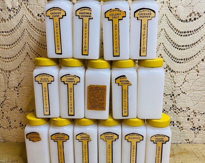 Vintage Griffiths' Milk Glass Spice Jars, Set of 15 1940s Milk Glass, Yellow Lids Etsy
