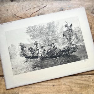 May include: A black and white engraving of a group of people in a boat, surrounded by foliage. The boat is filled with branches and leaves, and the people are dressed in 19th-century clothing.