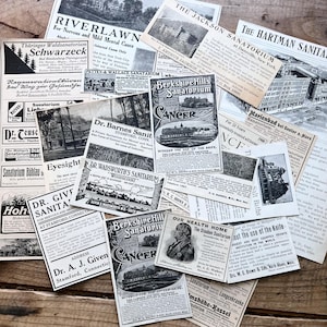 May include: A collection of vintage ephemera, including newspaper clippings and advertisements. The black and white printed materials feature text and illustrations related to sanatoriums and medical treatments, with a focus on cancer and nervous disorders.