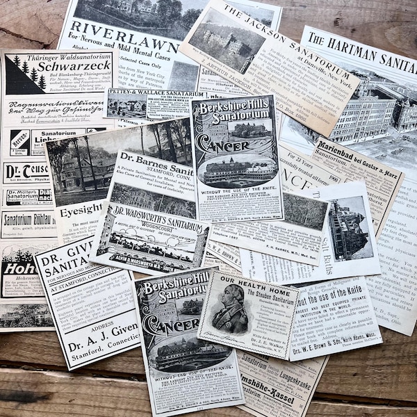 Reklamy prasowe sanatorium (początek XX wieku) | Małe antyczne reklamy prasowe | Historia medycyny, gruźlica, rak, choroby psychiczne | Halloween w stylu vintage