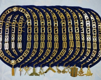 MASONIC BLUE LODGE Officer Gold Chain Collars with Jewels pack of 12