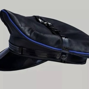 Genuine Real Leather Blue Army Muir Biker Peak Bluf Police Gay Military Cap Hat