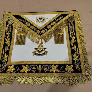 Masonic Past Master Apron Hand Embroidered Navy Blue & Chain Collar with Jewel - Gift For Him