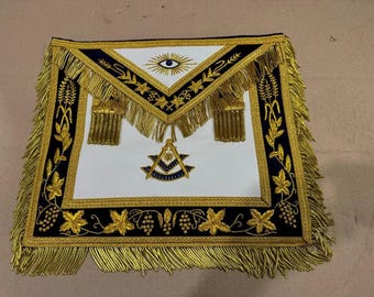 Hand Embroidered Masonic Past Master Apron: Navy Blue & Gold Chain Collar