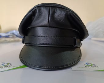 Genuine Full Leather Black Army Muir Biker Peaked Police Gay Bluf Cap Hat Gift For Him - Her