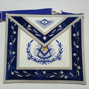 Masonic Regalia Master Mason Past Master Apron Blue & Silver Hand Embroidered.