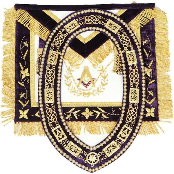 Masonic Grand Lodge Master Mason Apron With Chain Collar purple backing, Metallic, purple