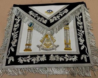 Ręcznie robiony fartuch masoński dawnego mistrza: haft sztabkowy ze złota i srebra