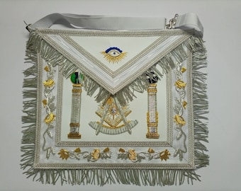Fartuch masoński PAST MASTER Biały Srebrny i Złoty Ręcznie Robiony Srebrny Frędzel