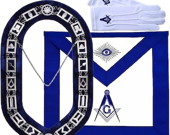 Masonic Regalia Blue Lodge Master Mason Apron, Chain Collar, Square and Compass Gloves Set Gift For Him