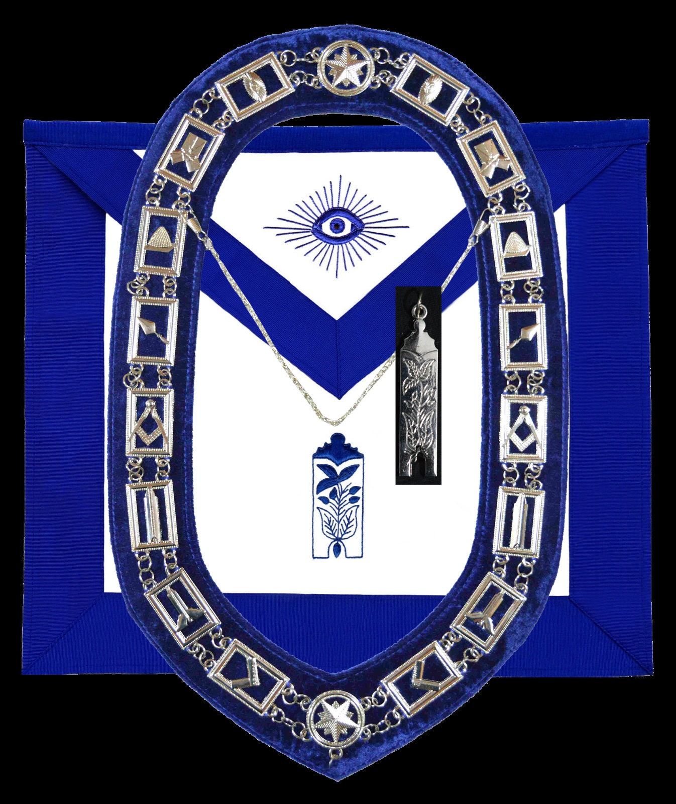 MASONIC BLUE OFFICER WORSHIPFUL MASTER APRON and COLLAR WITH JEWEL 