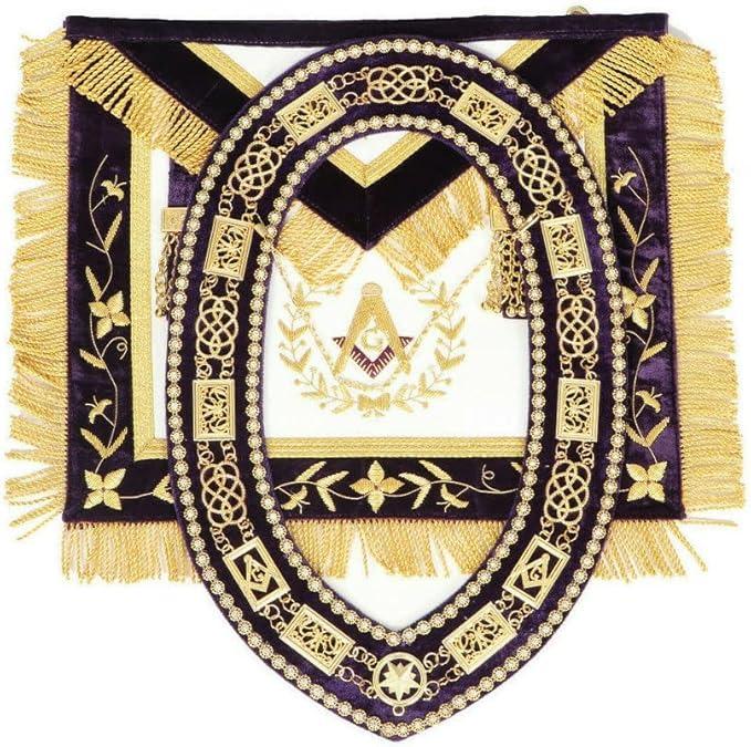 Masonic Regalia Grand Lodge Mater Mason Apron, Chain Collar Golden Purple Backing - Gift For Him