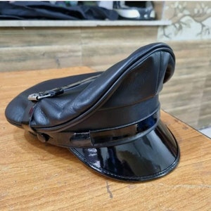 Berretto In Pelle - Vera Pelle Nero Army Muir Biker Arancione Trim - Foto 3