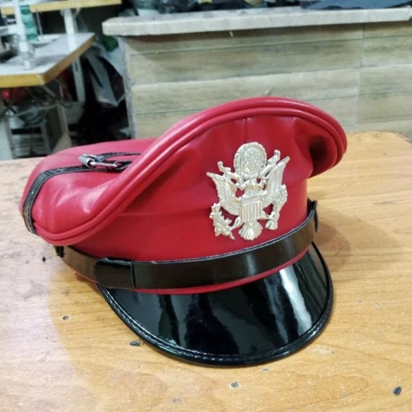 Finest Soft Real Leather Red Army Biker Muir Cap US Hat Militair Uniform Officer Cap Cadeau voor hem / haar