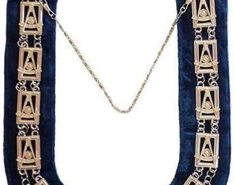 Gold-Plated Freemason Past Master Chain Collar: Blue Velvet Masonic Regalia