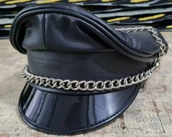 Finest Soft Real Leather Muir cap peaked cap with chain, biker cap officer cap Gift For Him / Her