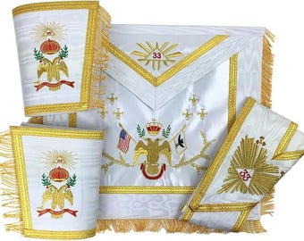 Masonic SCOTTISH RITE 33rd Degree Apron,Collar and Gauntlets Set Wings Down Golden Embroidered