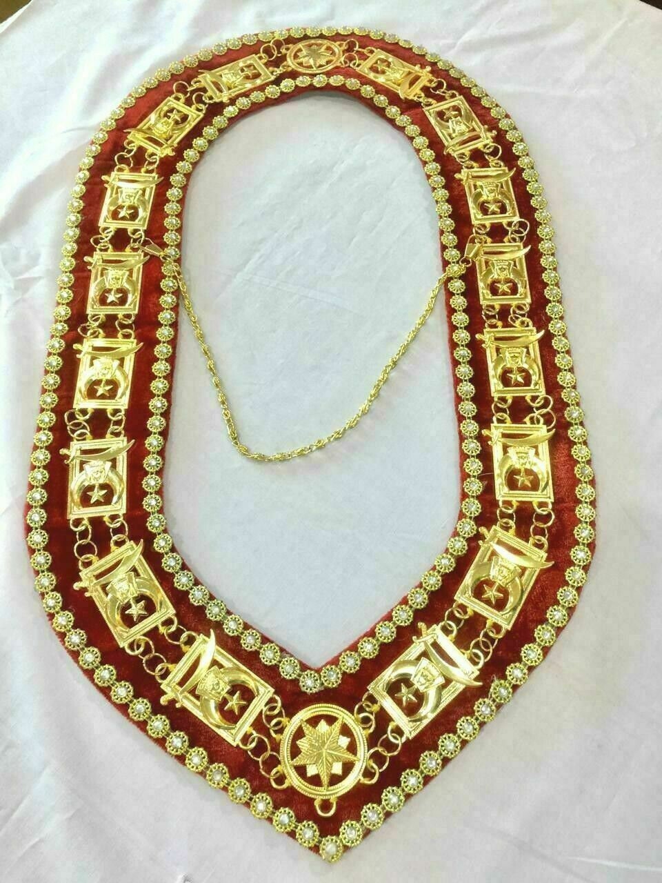 Masonic Shriner Chain Collar: Golden Rhinestone Red Velvet Regalia