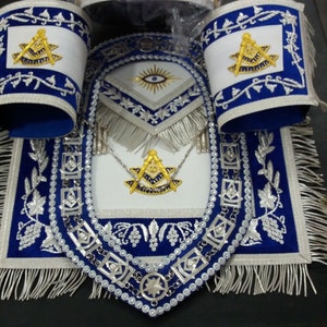 MASONIC PAST MASTER Hand Embroidered Apron, Cuff&#39;s and Collar chain Blue Velvet