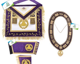 Handmade Masonic Grand Master Apron Set: Gold Bullion Embroidery, Chain Collar & Cuffs