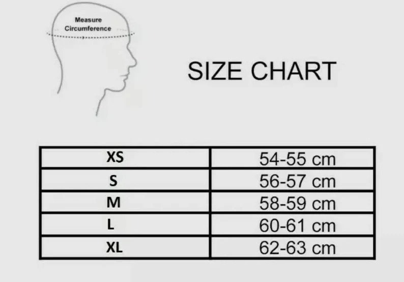 Puede incluir: Tabla de tallas para la circunferencia de la cabeza en cent&iacute;metros. XS es 54-55 cm, S es 56-57 cm, M es 58-59 cm, L es 60-61 cm y XL es 62-63 cm.