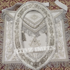 Masonic Regalia Past Master White Apron Hand Embroidered And Chain Collar Silver Gift For Him
