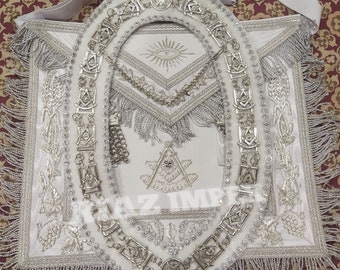 Masonic Past Master Apron: Hand Embroidered Regalia with Silver Chain Collar