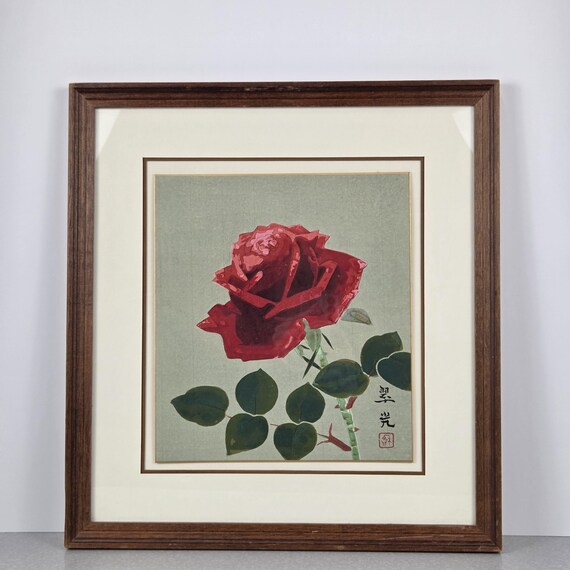 Red Rose Japanese Wood Block Print Uchida Atelier Kyoto Japan