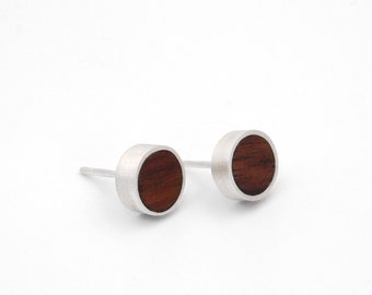 WOOD and SILVER EARRINGS Round Natural Walnut Sterling Silver Studs  | Geometric Eco Matte Woodland Inspired Jewelry