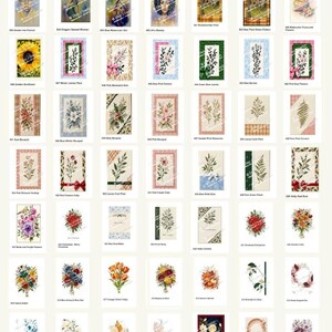 May include: A grid of greeting cards by Dian J Cozy Creatives, featuring various floral, botanical, and scenic illustrations. Each card is labeled with a unique number and name, showcasing diverse designs including sunflowers, bouquets, and landscapes.