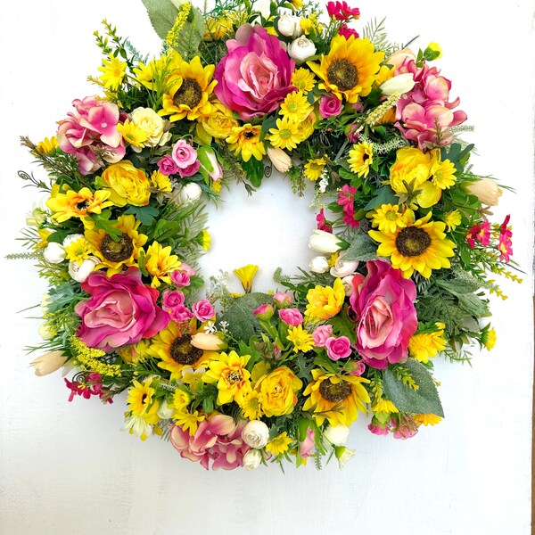 Summer Wreath, Sunflower Wreath, 55cm, Front door Wreath, House warming Gift, Home Decor, Rose Wreath