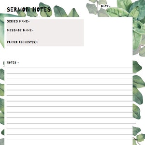 Puede incluir: Una plantilla de notas de sermón imprimible con un borde floral de acuarela verde. La plantilla incluye secciones para el nombre de la serie, el nombre del mensaje, las peticiones de oración y las notas.