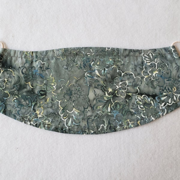 Open bottom face mask | Breathable | Batik | Gray Green Flower | Nose wire | Clip to purse/belt loop for easy access - clip included