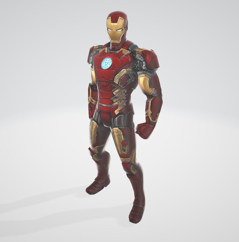 K&ouml;nnte beinhalten: Eine rote und goldene Iron Man Actionfigur mit einem besch&auml;digten Anzug. Die Figur steht mit den Armen an den Seiten und dem Kopf geradeaus.
