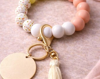 Daisy Beaded Keychain, Silicone Bracelet, Tassel, Pastel Keychain
