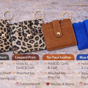 May include: Four small wallets with key rings are displayed. Two have a leopard print, one is tan, and one is blue. The wallets hold IDs, cards, and cash. Each wallet has a key ring clip.