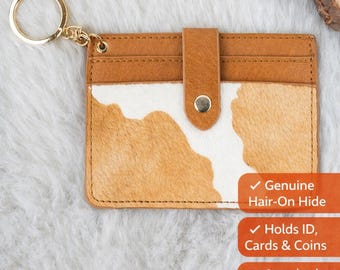 Brown & White Cowhide Keychain Wallet | Hair-On Hide Card Holder | Zipper Coin Pouch | Western Keyring Wallet