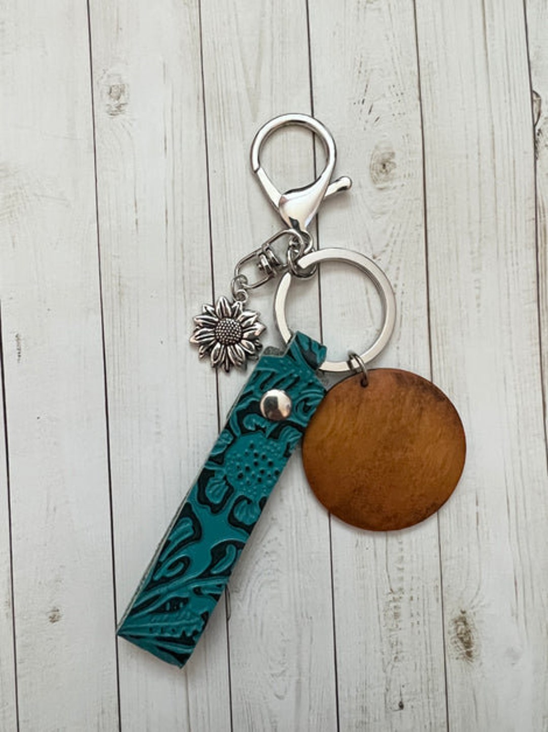 Blue Embossed Leather Keychain Etsy