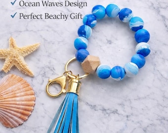 Blue Beachy Beaded Wristlet Keychain with Tassel | Ocean-Inspired Silicone Beads