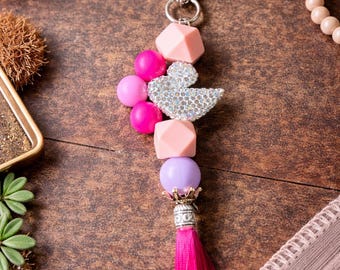 Pink Flamingo Keychain, Tassel, Summer Keychain, Gift for Her, Purse Charm