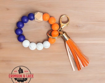 Navy Orange Beaded Keychain Bracelet with Tassel | Silicone Wristlet Keychain | Gift for Her