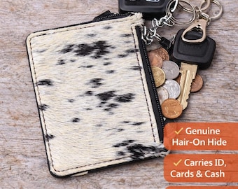 Black & White Cowhide Keychain Wallet | Genuine Hair On Hide Card Holder | Zipper Coin Pouch | Small Western Wallet for Women