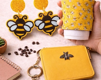 Bee Themed Accessories Set, Earrings, Cup Sleeve, Wallet
