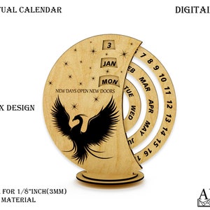 Eeuwigdurende kalender SVG, laser gesneden bestanden, glowforge sjabloon, cnc gesneden, vector project, Phoenix DXF, laser patroon, eeuwige kalender, CDR ai