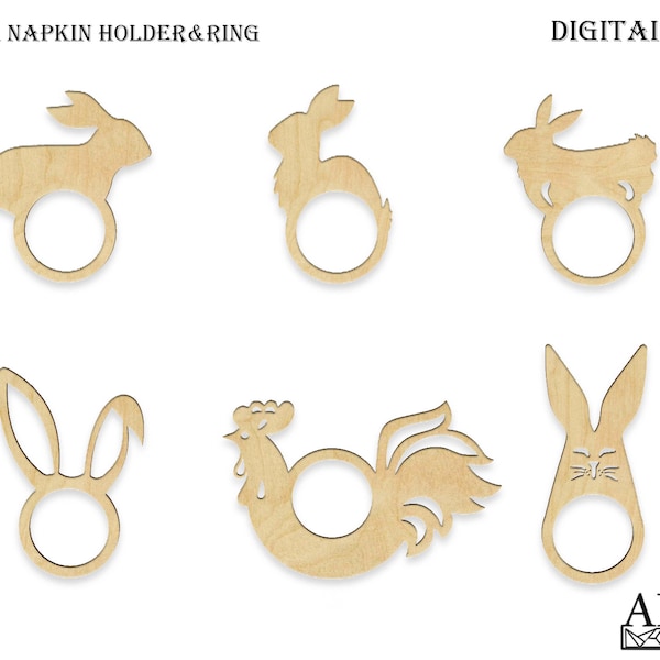 Laser Cut Easter, Easter Napkin Ring, Bunny Napkin Vector, Glowforge Cut File, Easter Chicken DXF, Wood Napkin DXF, Easter Cnc File